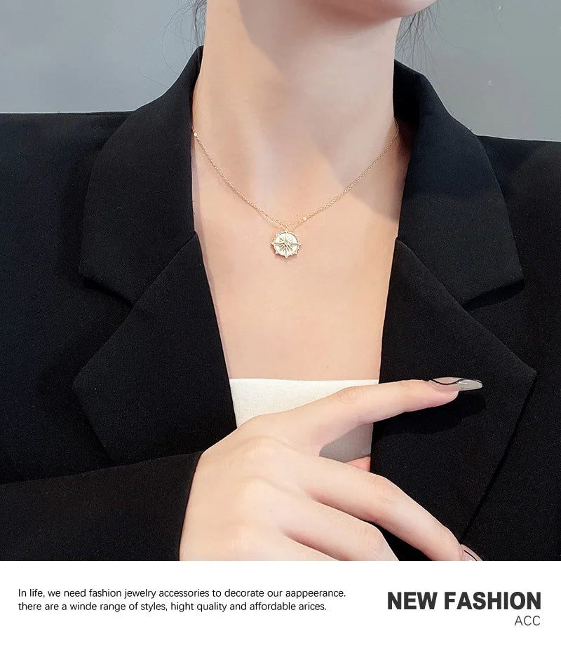 DIEYURO Stainless Steel Fashion Personality Geometric Zircon Necklace Shell Flower Pendant Hong Kong Style Clavicle Chain Gift