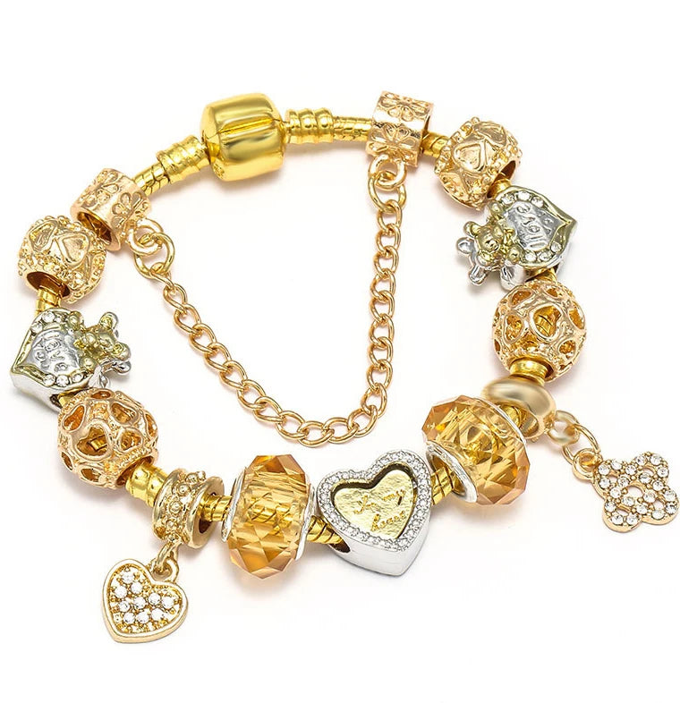 2024 New Crystal Heart Beads Charm Bracelets Gold Color Snake Chain Brand Bracelets for Women Lover Valentine's Day Jewelry Gift