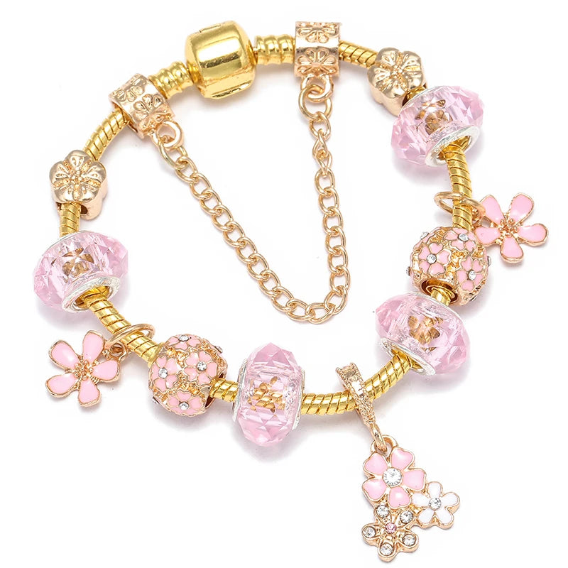 2024 New Crystal Heart Beads Charm Bracelets Gold Color Snake Chain Brand Bracelets for Women Lover Valentine's Day Jewelry Gift