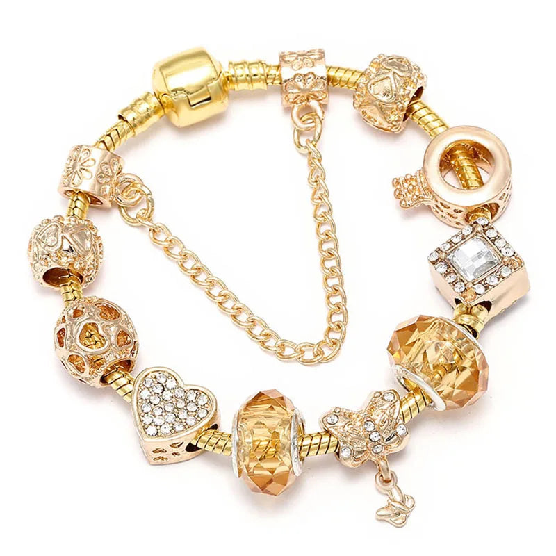 2024 New Crystal Heart Beads Charm Bracelets Gold Color Snake Chain Brand Bracelets for Women Lover Valentine's Day Jewelry Gift