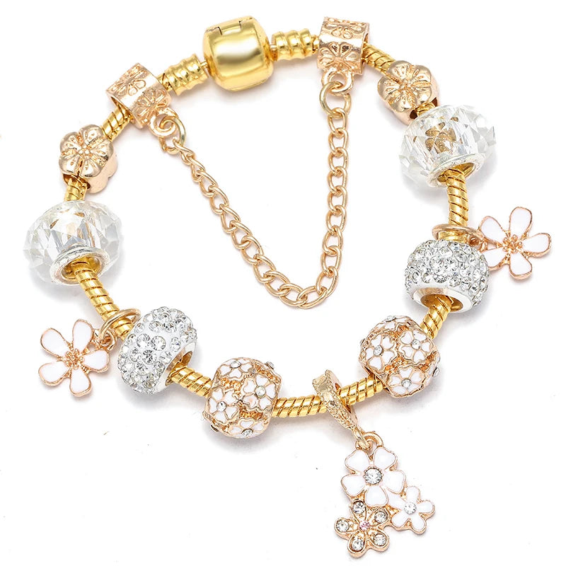 2024 New Crystal Heart Beads Charm Bracelets Gold Color Snake Chain Brand Bracelets for Women Lover Valentine's Day Jewelry Gift