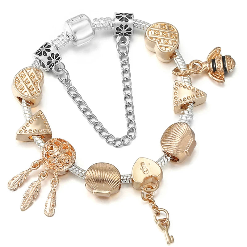 2024 New Crystal Heart Beads Charm Bracelets Gold Color Snake Chain Brand Bracelets for Women Lover Valentine's Day Jewelry Gift