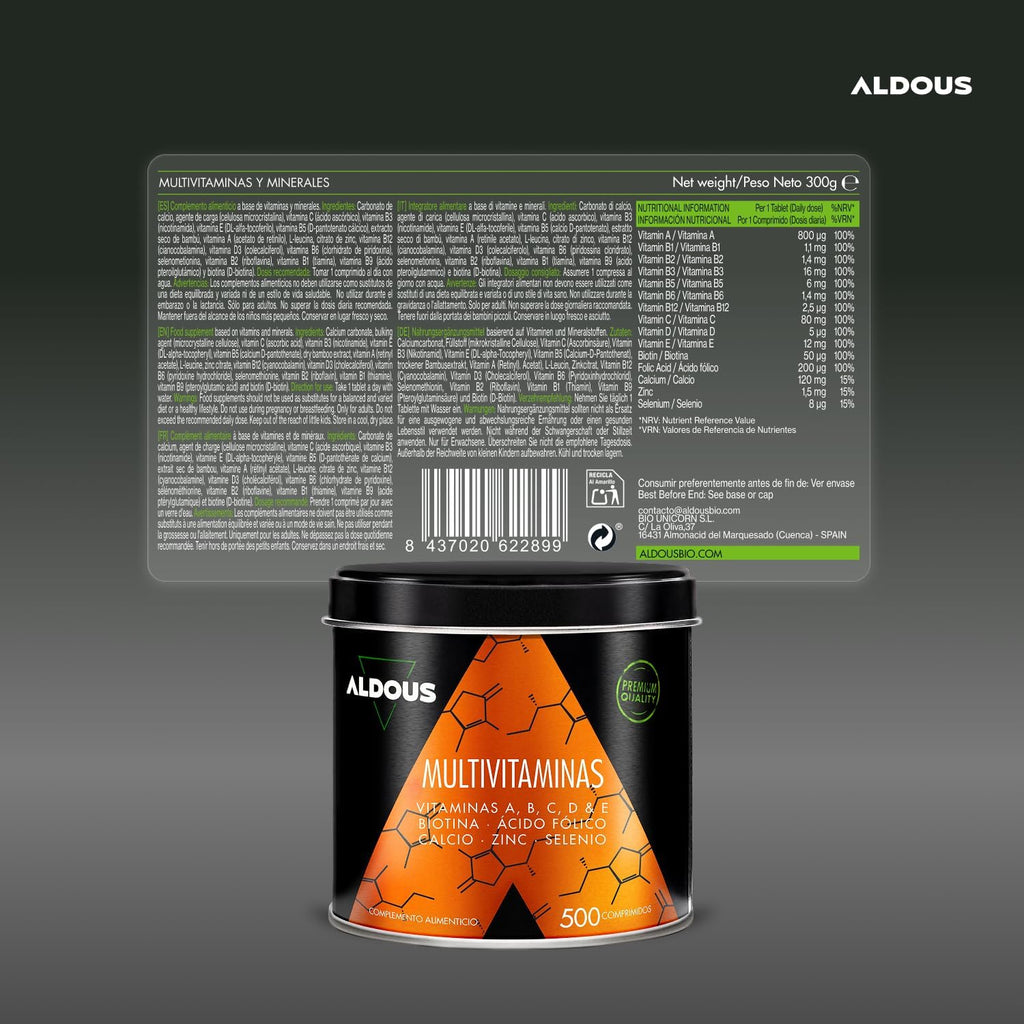Multivitaminas Hombre y Mujer 500 Comprimidos – Complejo Vitaminico Completo Aldous