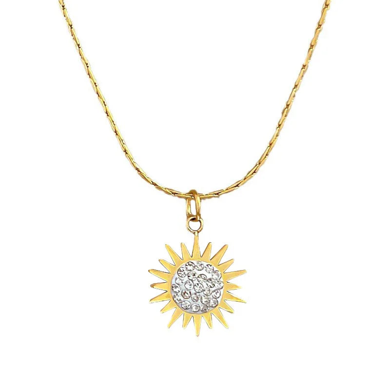 Stainless Steel CZ Crystal Sunflower Pendant Necklace For Women Round Solar Sun Charm Fashion Jewelry Retro Necklace Collar