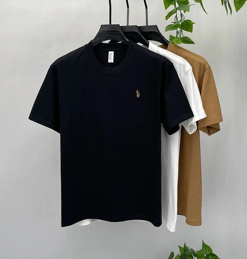 Camiseta Hombre 100% Algodón Manga Corta — Bordado Pony, Cuello Redondo, Verano