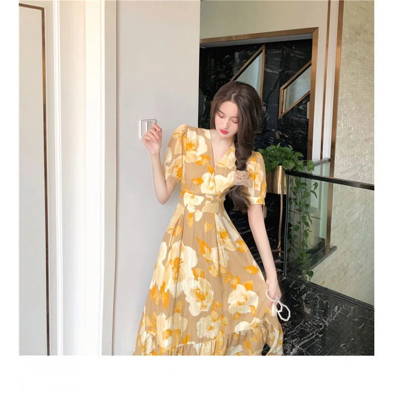 Hebe Style Long Ankle Skirt Sweet Floral Print Women's Dress High Waist Fly Sleeve High Collar Street Trend Urban Fashion