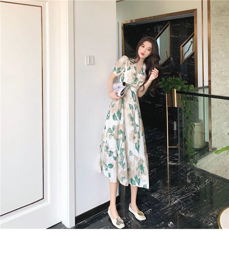Hebe Style Long Ankle Skirt Sweet Floral Print Women's Dress High Waist Fly Sleeve High Collar Street Trend Urban Fashion