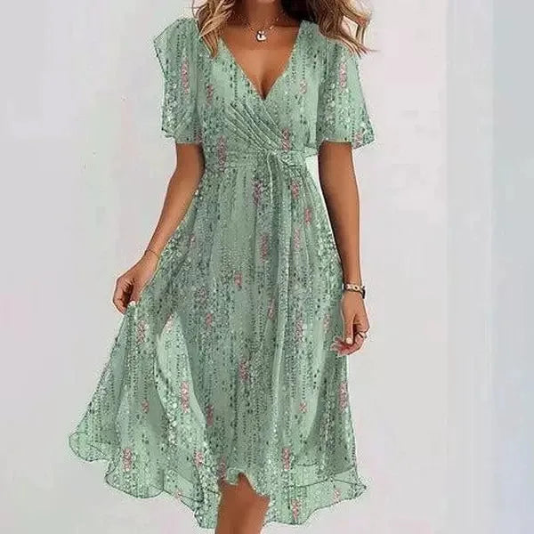 Elegant And Fashionable Printed Knee Length Dress For Women 2026 New Loose Casual V-neck Floral New Printed Dress Femme Robe
