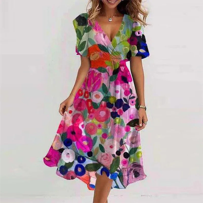 Elegant And Fashionable Printed Knee Length Dress For Women 2026 New Loose Casual V-neck Floral New Printed Dress Femme Robe