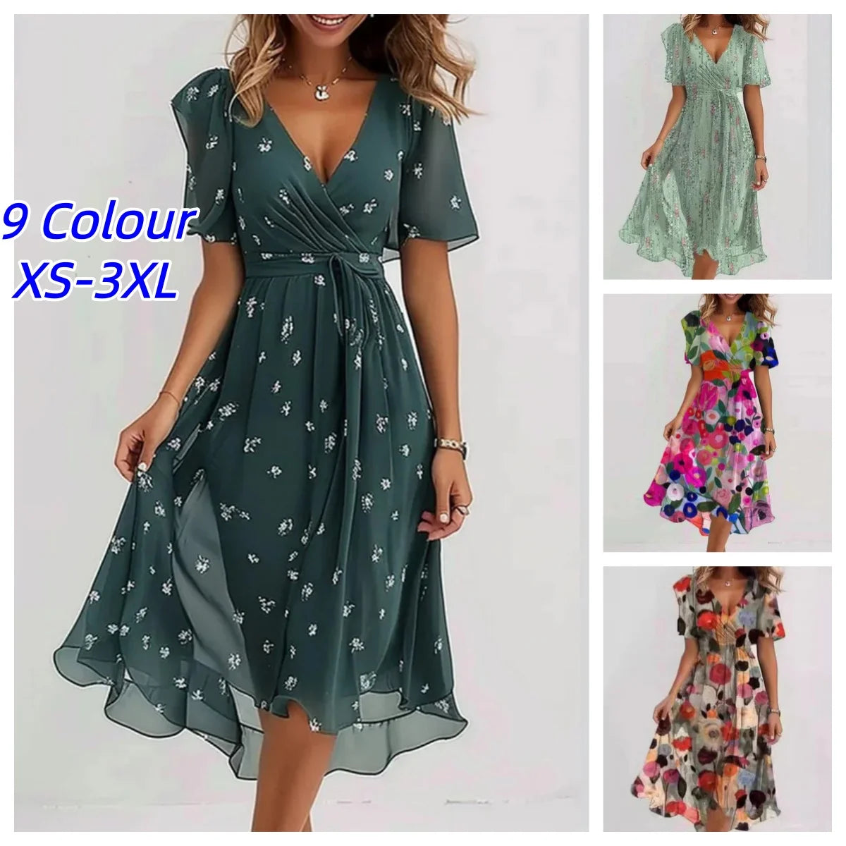 Elegant And Fashionable Printed Knee Length Dress For Women 2026 New Loose Casual V-neck Floral New Printed Dress Femme Robe