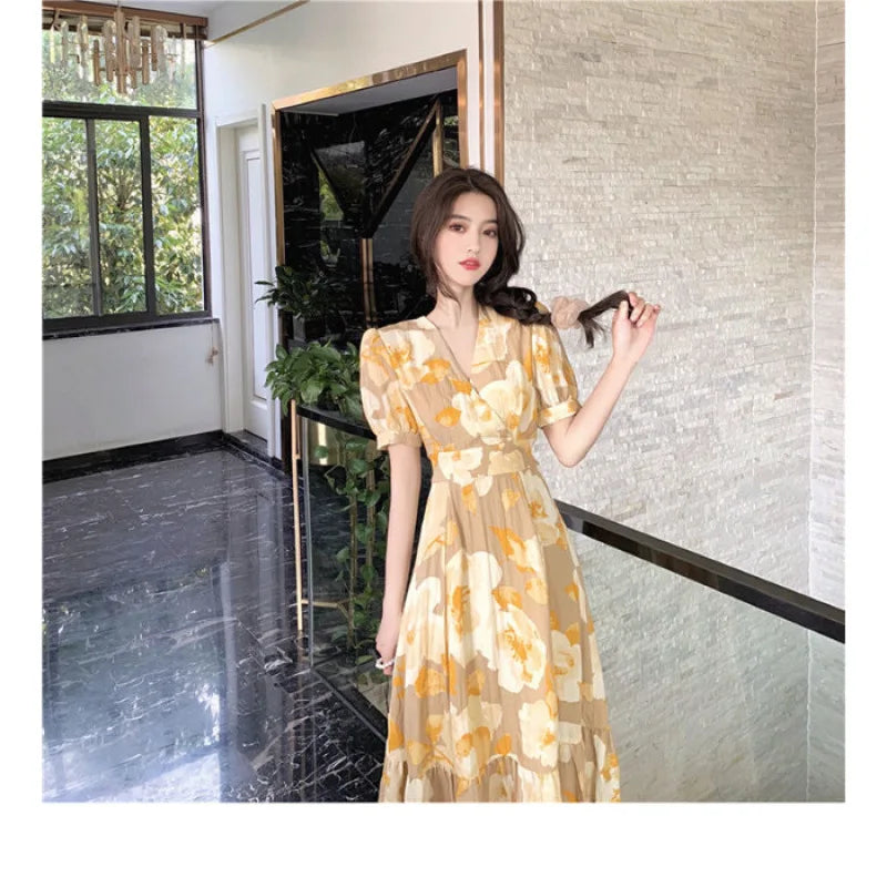 Hebe Style Long Ankle Skirt Sweet Floral Print Women's Dress High Waist Fly Sleeve High Collar Street Trend Urban Fashion