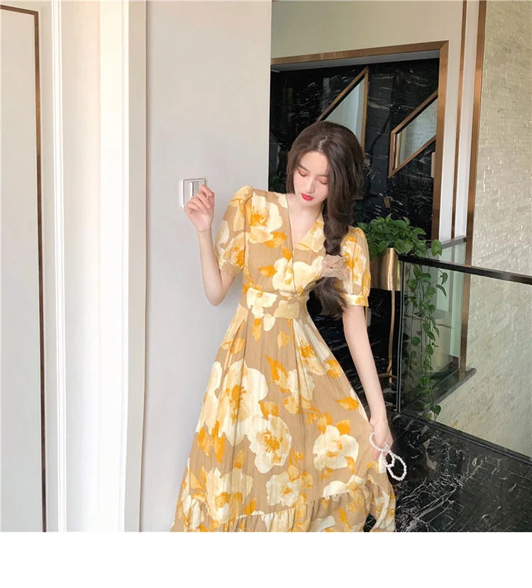 Hebe Style Long Ankle Skirt Sweet Floral Print Women's Dress High Waist Fly Sleeve High Collar Street Trend Urban Fashion