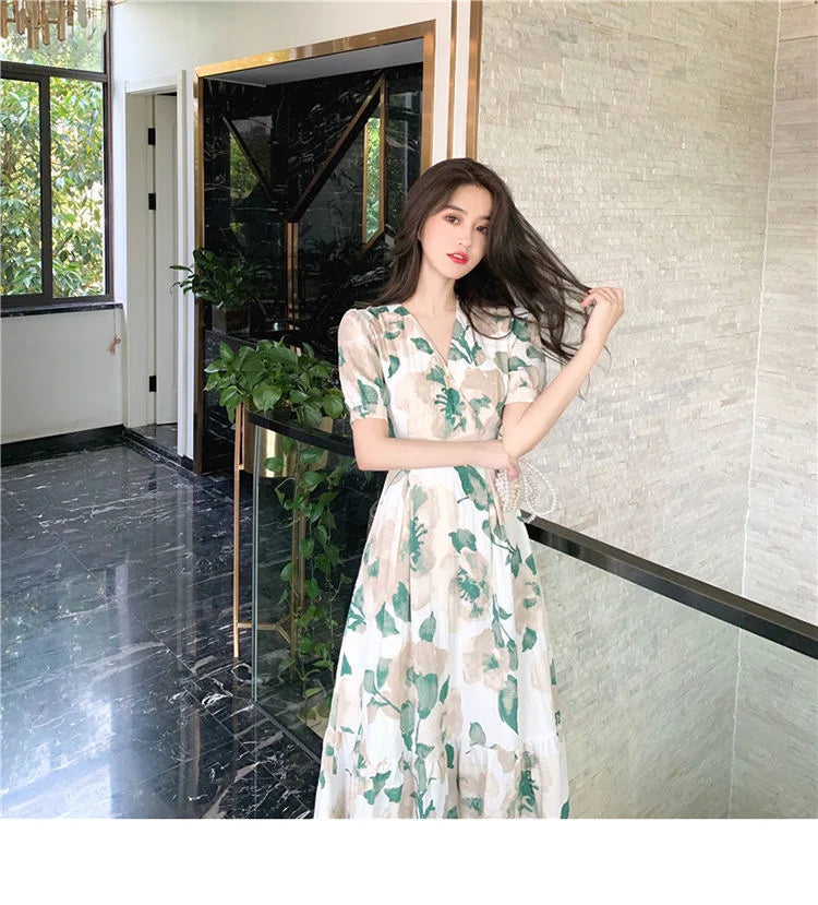 Hebe Style Long Ankle Skirt Sweet Floral Print Women's Dress High Waist Fly Sleeve High Collar Street Trend Urban Fashion