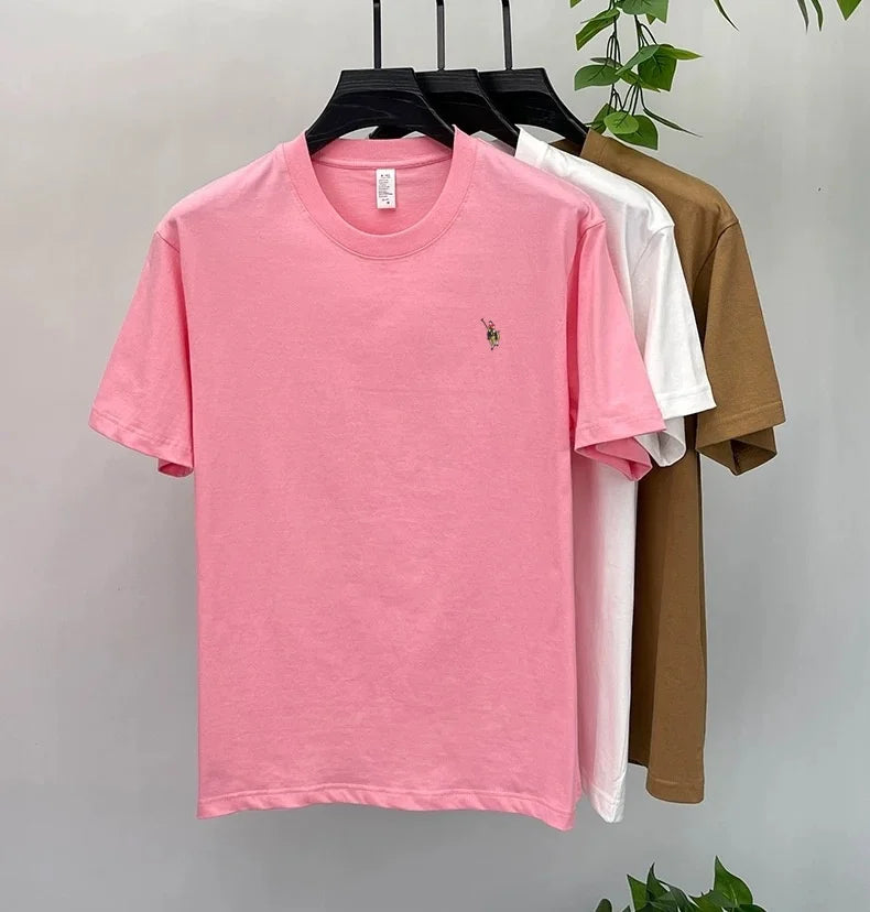 Camiseta Hombre 100% Algodón Manga Corta — Bordado Pony, Cuello Redondo, Verano