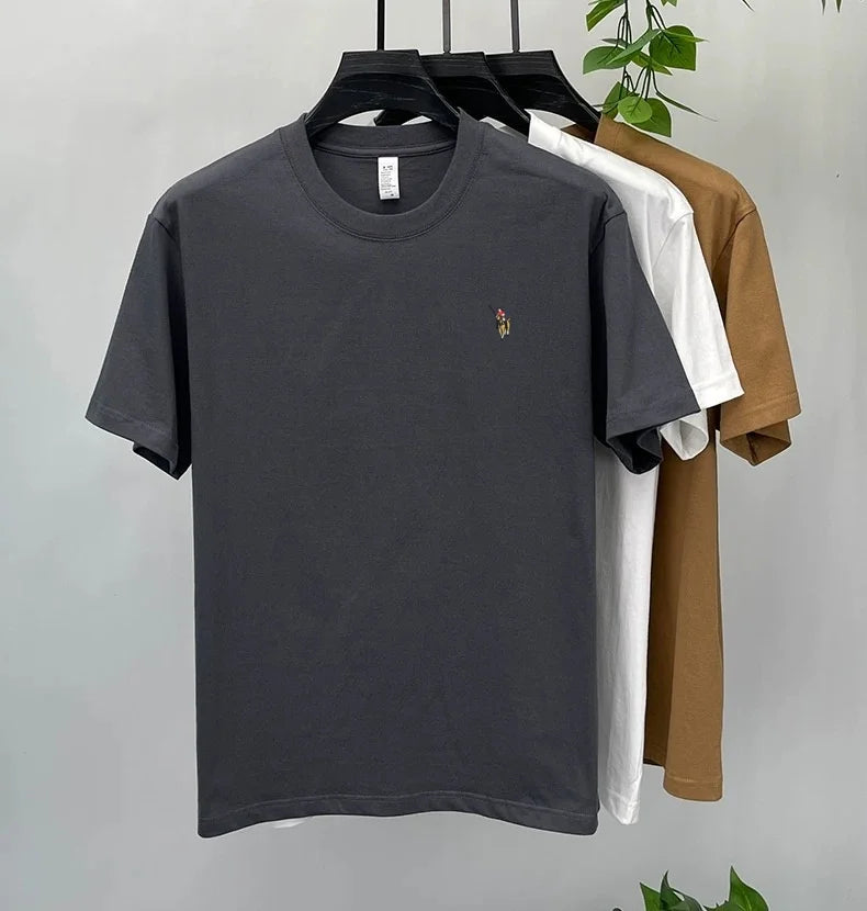 Camiseta Hombre 100% Algodón Manga Corta — Bordado Pony, Cuello Redondo, Verano