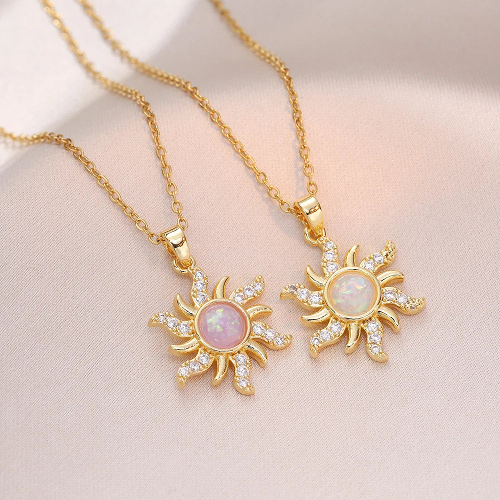 Stainless Steel Luxury Crystal Sun Flower Pendant Necklace for Women Exquisite Trendy Gold Color Zircon Collar Jewelry Colorfast