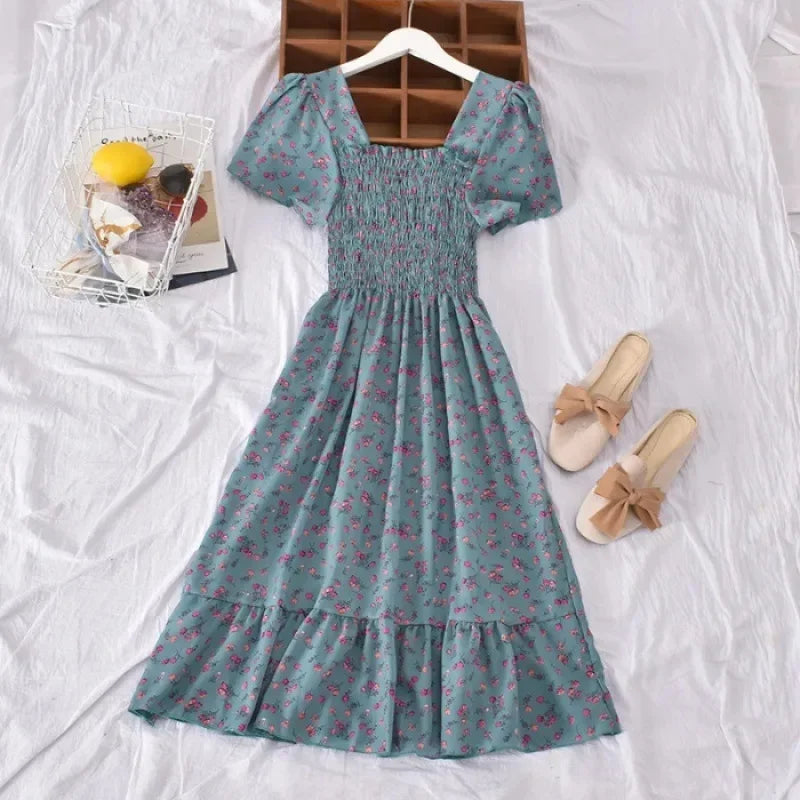 2024 Summer Vintage Korean Style Square Collar Printed Waist-fitted Slimming Ruffle Dress Women's Clothing