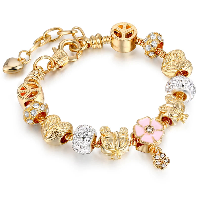 2024 New Crystal Heart Beads Charm Bracelets Gold Color Snake Chain Brand Bracelets for Women Lover Valentine's Day Jewelry Gift