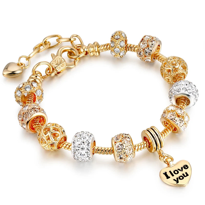 2024 New Crystal Heart Beads Charm Bracelets Gold Color Snake Chain Brand Bracelets for Women Lover Valentine's Day Jewelry Gift
