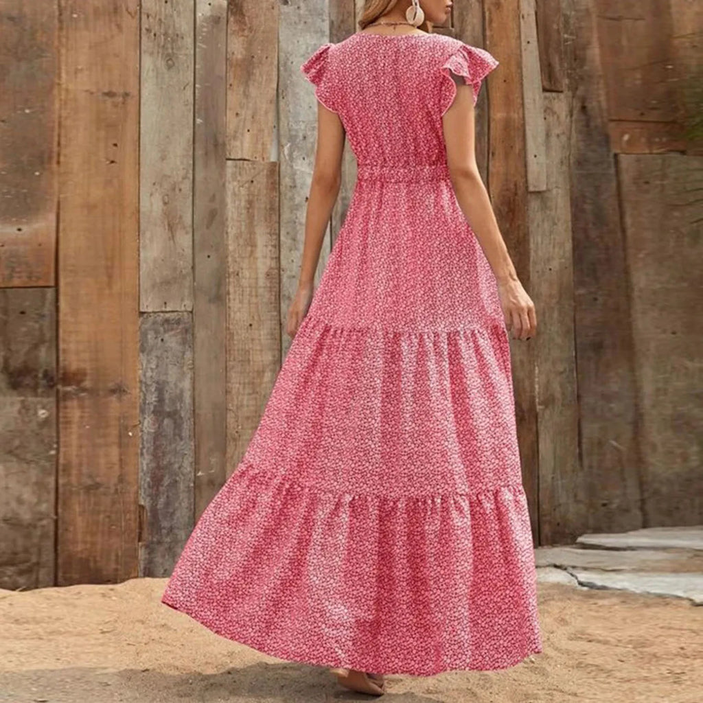 European and American women's summer V-neck high-waisted floral print resort long dress with patchwork floral design