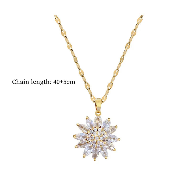 Luxury Zircon Sunflower Pendant Necklace for Women Gold Color Metal Full Zircon Sunflower Necklace Couple Wedding Jewelry