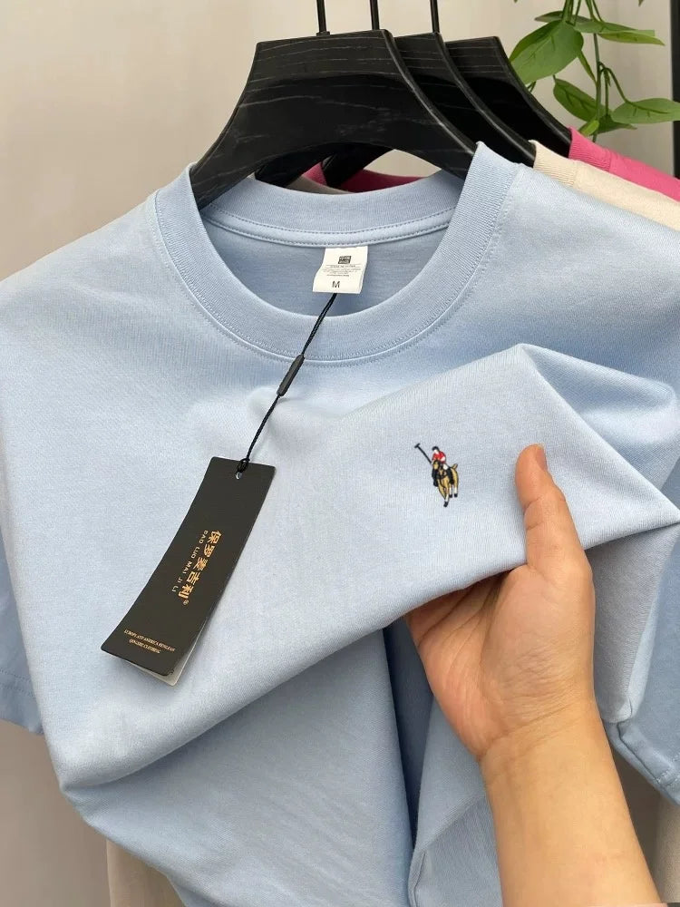Camiseta Hombre 100% Algodón Manga Corta — Bordado Pony, Cuello Redondo, Verano
