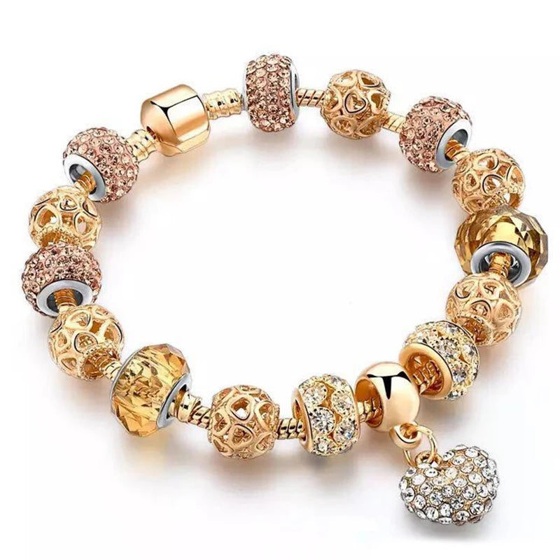 2024 New Crystal Heart Beads Charm Bracelets Gold Color Snake Chain Brand Bracelets for Women Lover Valentine's Day Jewelry Gift
