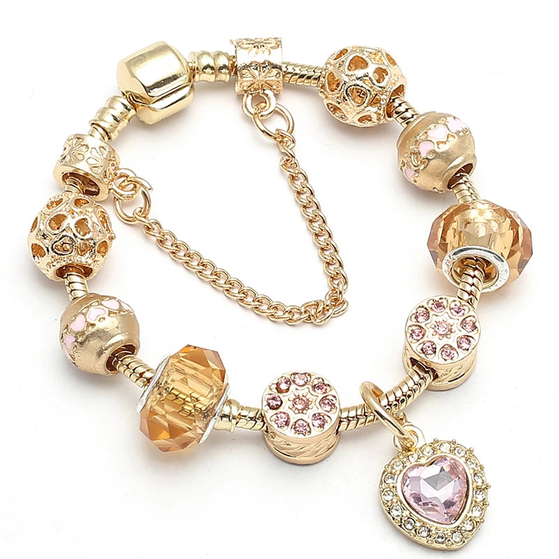 2024 New Crystal Heart Beads Charm Bracelets Gold Color Snake Chain Brand Bracelets for Women Lover Valentine's Day Jewelry Gift