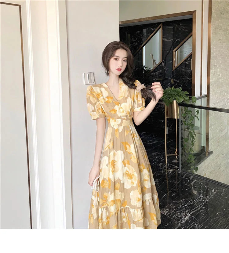 Hebe Style Long Ankle Skirt Sweet Floral Print Women's Dress High Waist Fly Sleeve High Collar Street Trend Urban Fashion