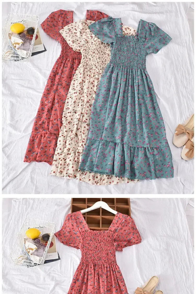 2024 Summer Vintage Korean Style Square Collar Printed Waist-fitted Slimming Ruffle Dress Women's Clothing