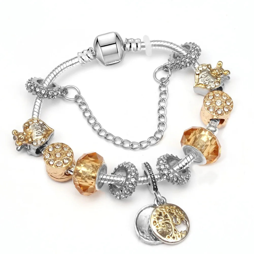 2024 New Crystal Heart Beads Charm Bracelets Gold Color Snake Chain Brand Bracelets for Women Lover Valentine's Day Jewelry Gift
