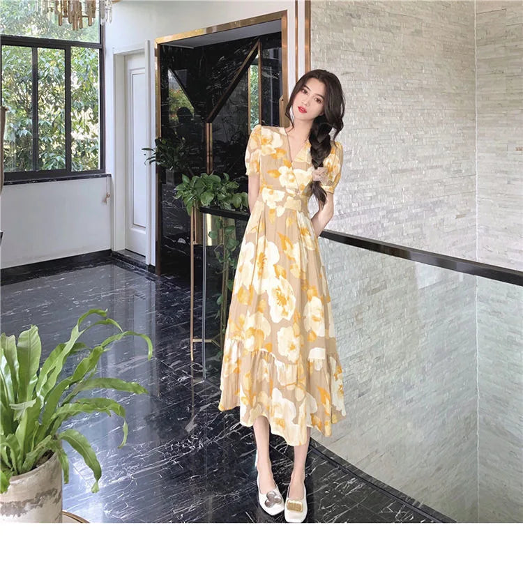 Hebe Style Long Ankle Skirt Sweet Floral Print Women's Dress High Waist Fly Sleeve High Collar Street Trend Urban Fashion