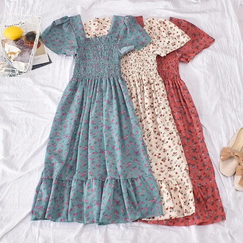 2024 Summer Vintage Korean Style Square Collar Printed Waist-fitted Slimming Ruffle Dress Women's Clothing