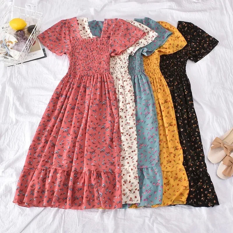 2024 Summer Vintage Korean Style Square Collar Printed Waist-fitted Slimming Ruffle Dress Women's Clothing
