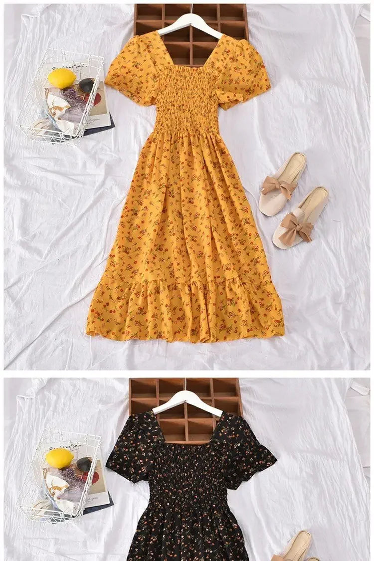 2024 Summer Vintage Korean Style Square Collar Printed Waist-fitted Slimming Ruffle Dress Women's Clothing