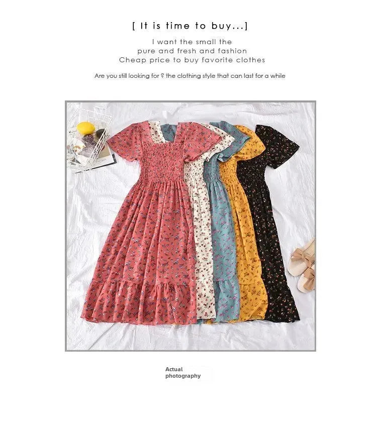 2024 Summer Vintage Korean Style Square Collar Printed Waist-fitted Slimming Ruffle Dress Women's Clothing