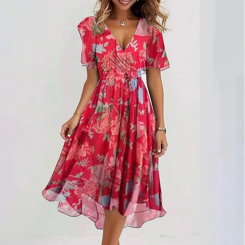 Elegant And Fashionable Printed Knee Length Dress For Women 2026 New Loose Casual V-neck Floral New Printed Dress Femme Robe
