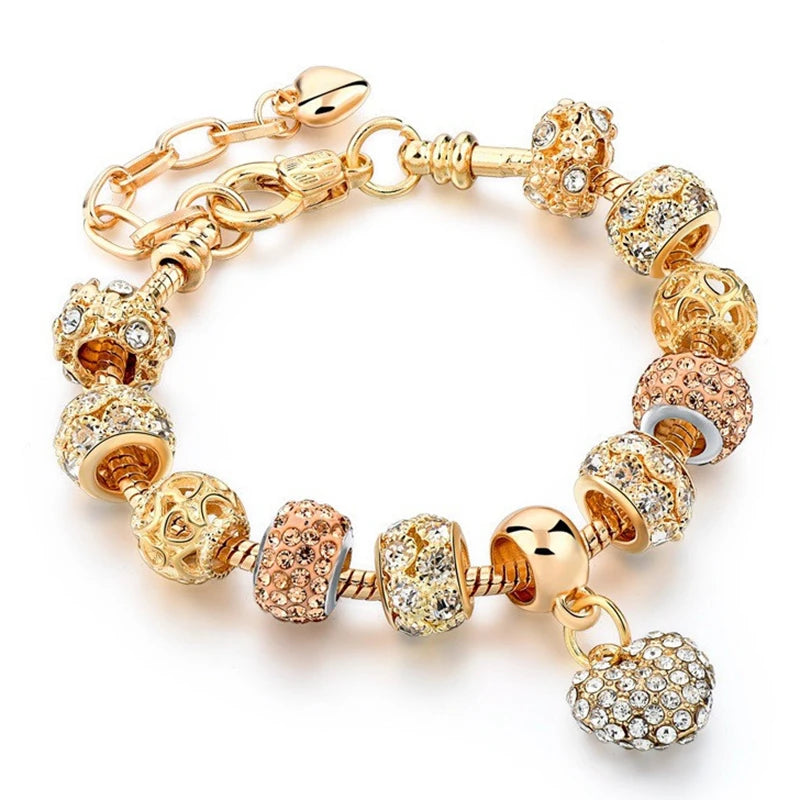2024 New Crystal Heart Beads Charm Bracelets Gold Color Snake Chain Brand Bracelets for Women Lover Valentine's Day Jewelry Gift