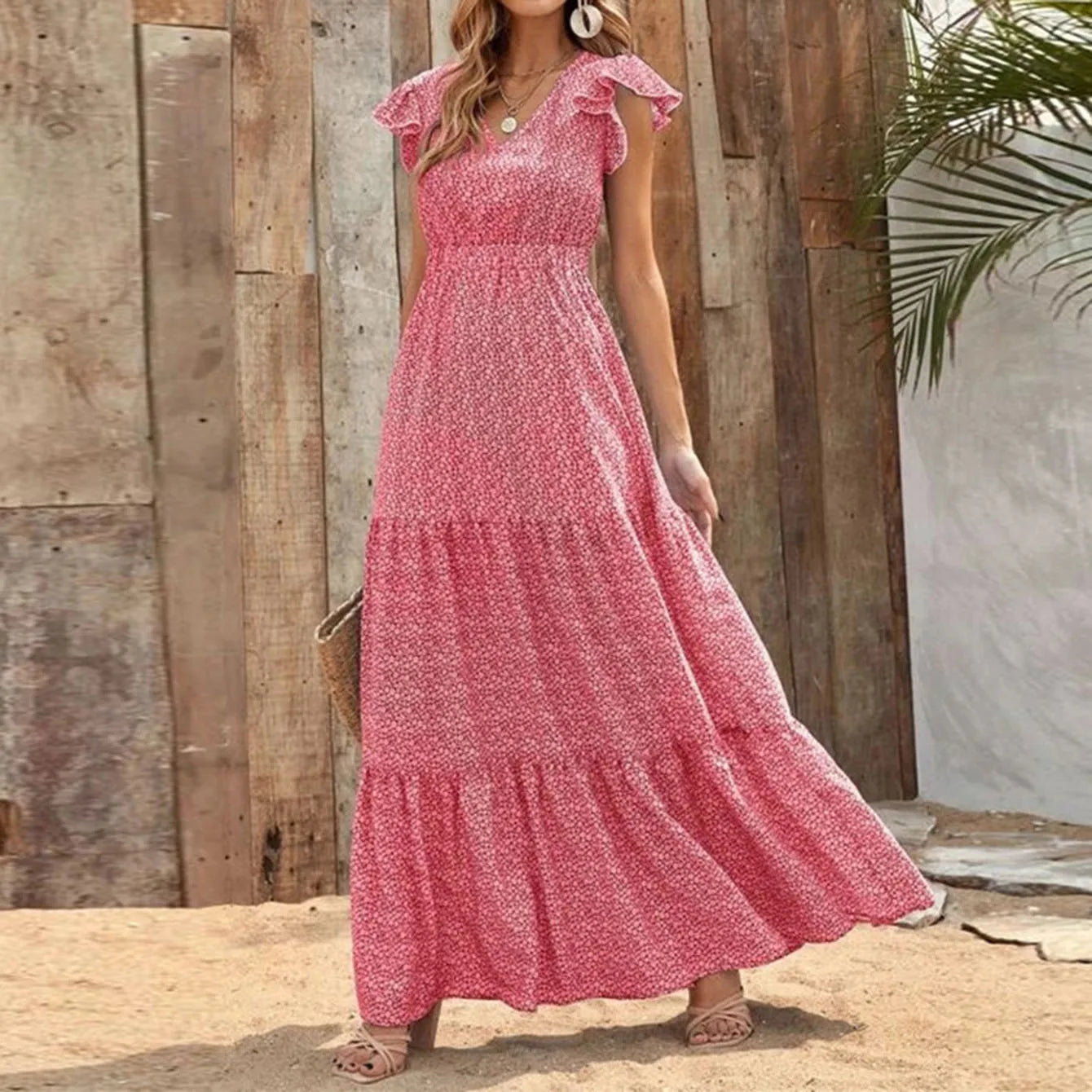 European and American women's summer V-neck high-waisted floral print resort long dress with patchwork floral design