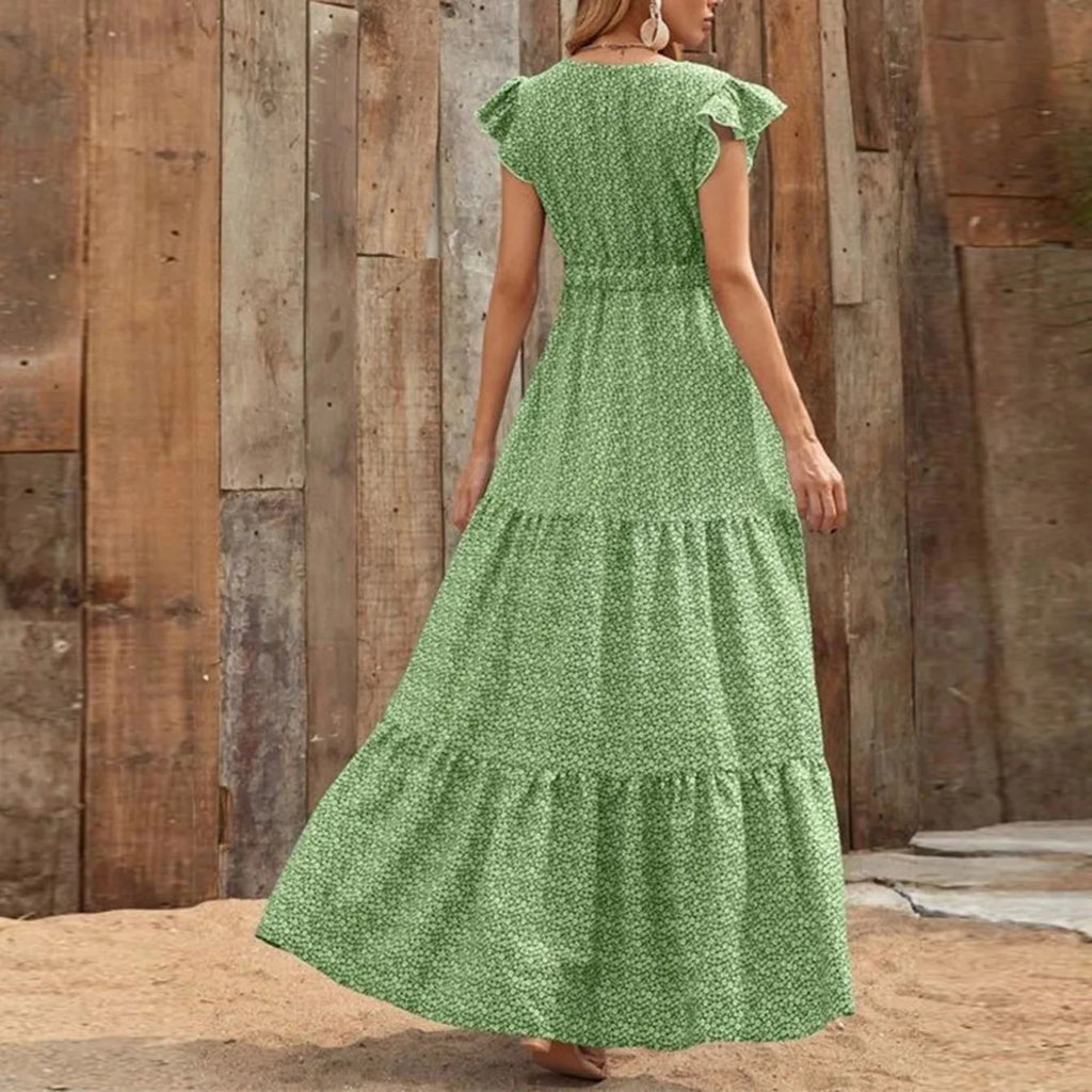 European and American women's summer V-neck high-waisted floral print resort long dress with patchwork floral design