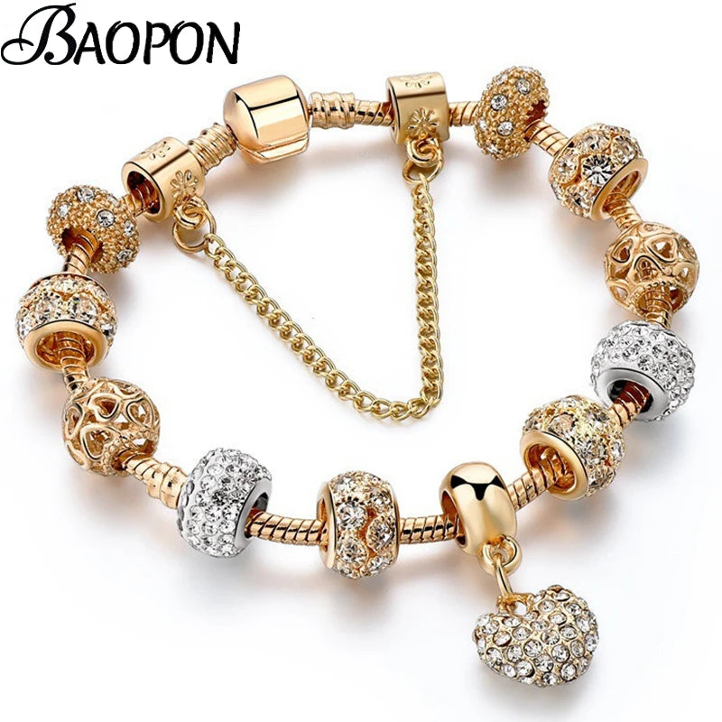 2024 New Crystal Heart Beads Charm Bracelets Gold Color Snake Chain Brand Bracelets for Women Lover Valentine's Day Jewelry Gift