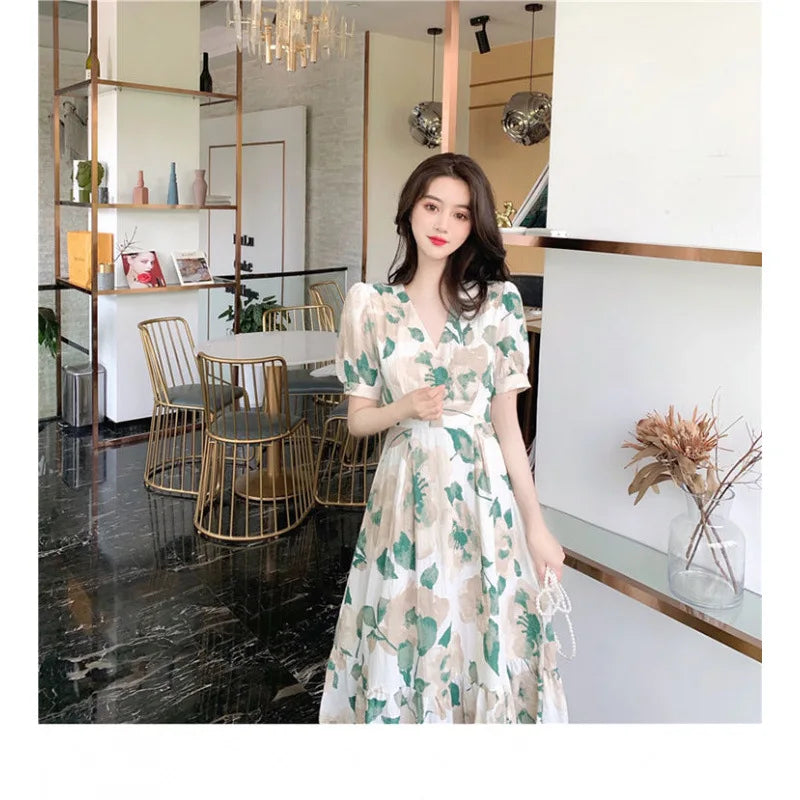 Hebe Style Long Ankle Skirt Sweet Floral Print Women's Dress High Waist Fly Sleeve High Collar Street Trend Urban Fashion