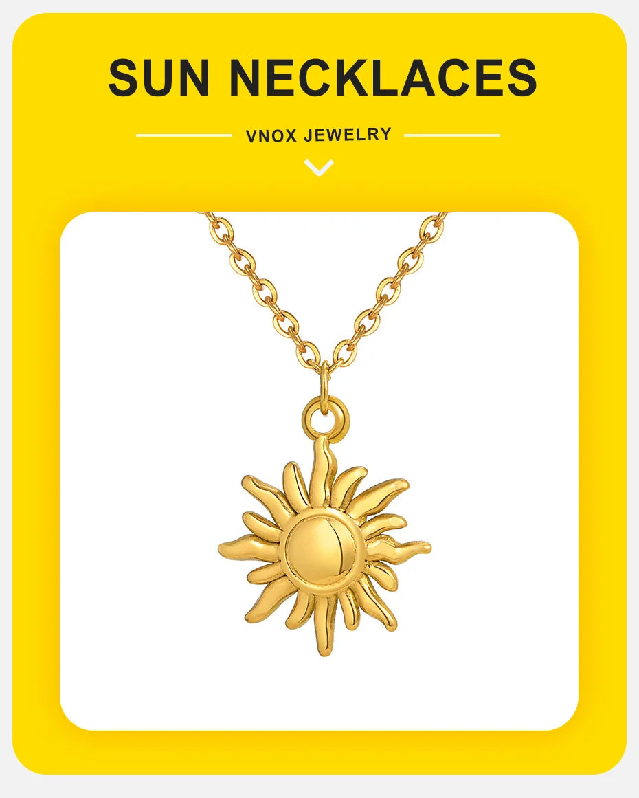 Vnox Gold Plated Shining Sunflower Necklace For Women,Stainless Steel  Aesthetic Jewelry,Fashion Sun Pendent Necklace Girls Gift