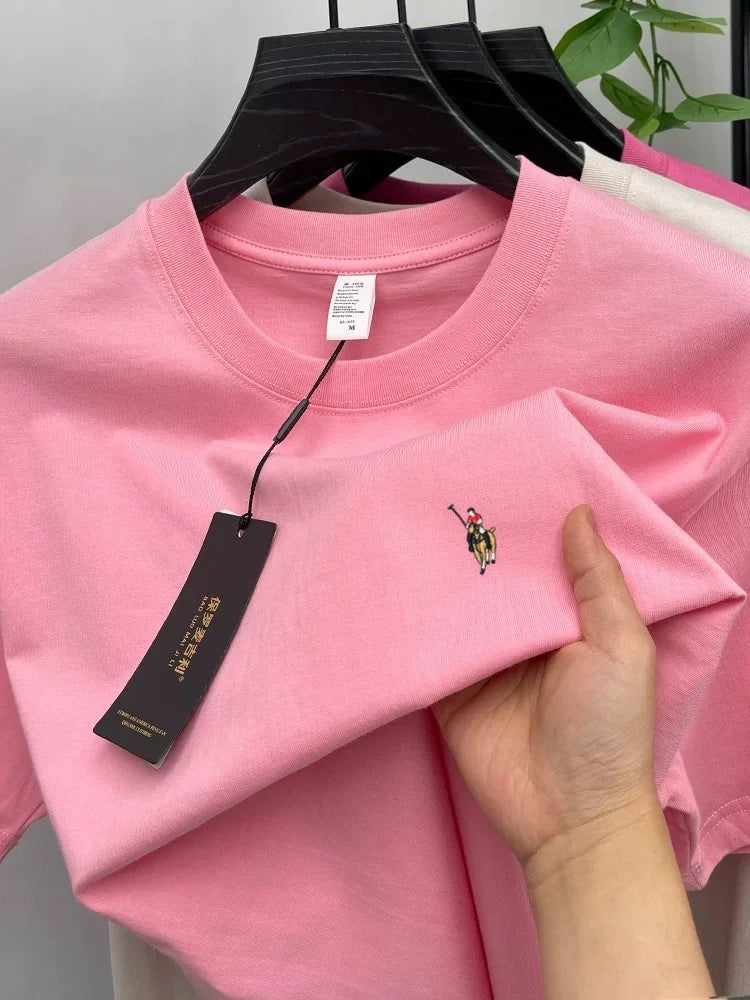 Camiseta Hombre 100% Algodón Manga Corta — Bordado Pony, Cuello Redondo, Verano
