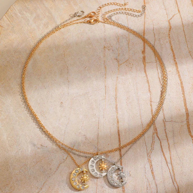 Zircon Moon Sun Pendant Necklace for Women Men Exquisite Collarbone Chain Vintage Simple Hiphop Punk Versatile Jewelry Gift 2026