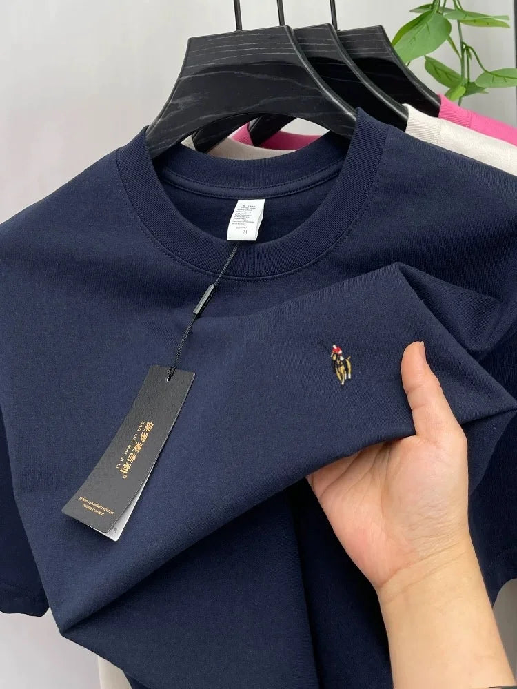 Camiseta Hombre 100% Algodón Manga Corta — Bordado Pony, Cuello Redondo, Verano