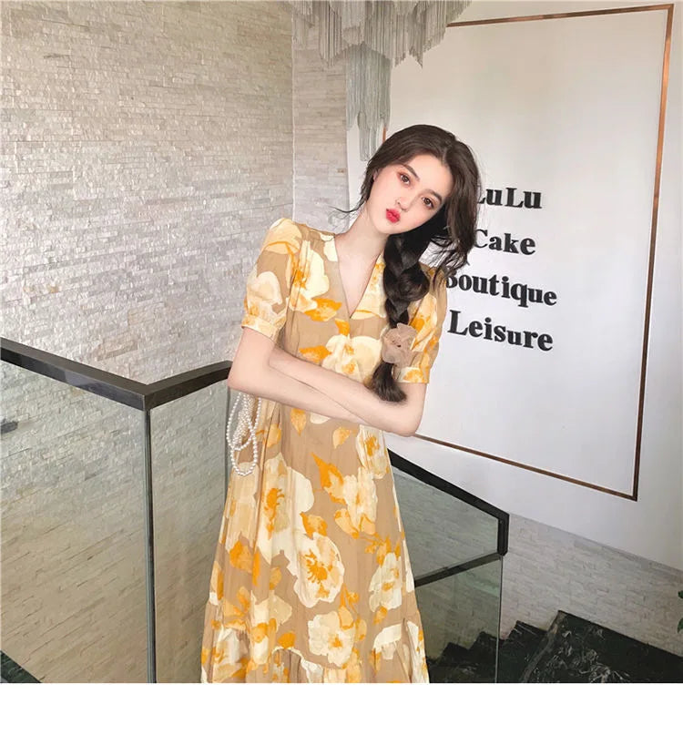 Hebe Style Long Ankle Skirt Sweet Floral Print Women's Dress High Waist Fly Sleeve High Collar Street Trend Urban Fashion