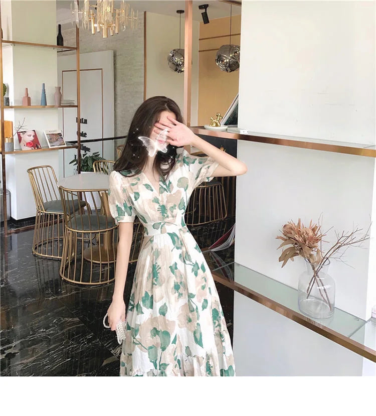 Hebe Style Long Ankle Skirt Sweet Floral Print Women's Dress High Waist Fly Sleeve High Collar Street Trend Urban Fashion