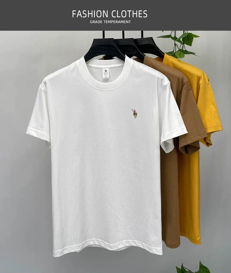 Camiseta Hombre 100% Algodón Manga Corta — Bordado Pony, Cuello Redondo, Verano