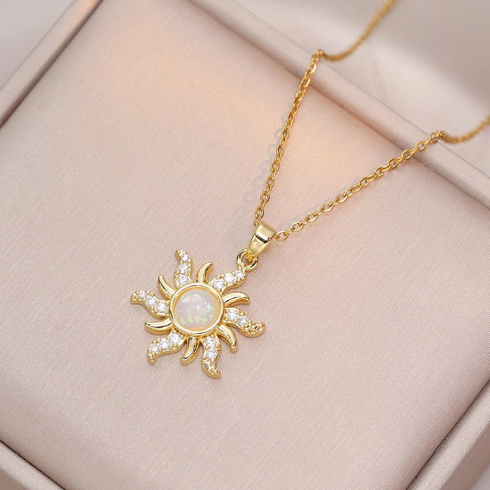 Stainless Steel Luxury Crystal Sun Flower Pendant Necklace for Women Exquisite Trendy Gold Color Zircon Collar Jewelry Colorfast